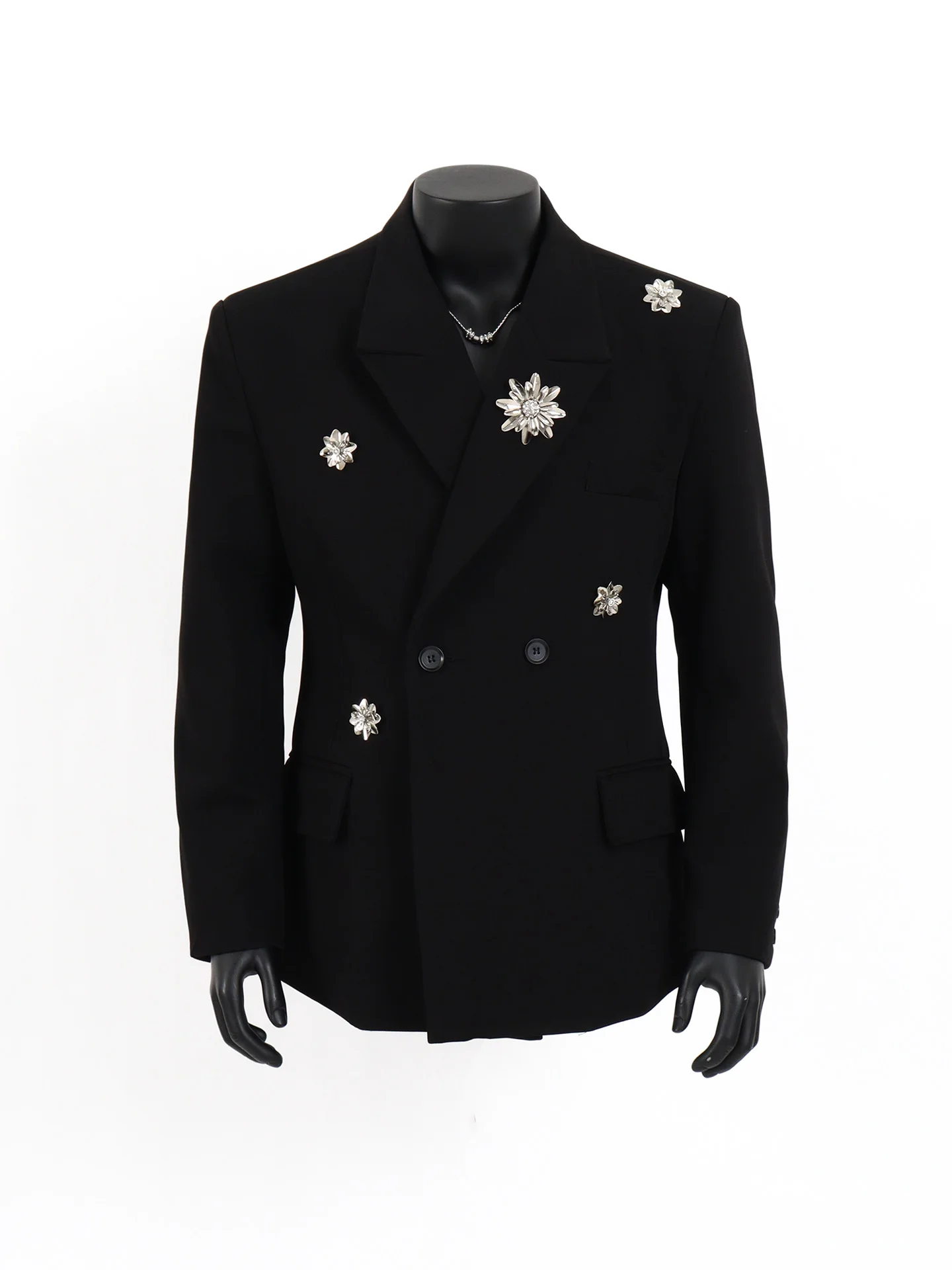 

Мужской черный пиджак с подплечниками Starlit: повседневный, элитный стиль, свободный крой, металлическая отделка, длинный рукав