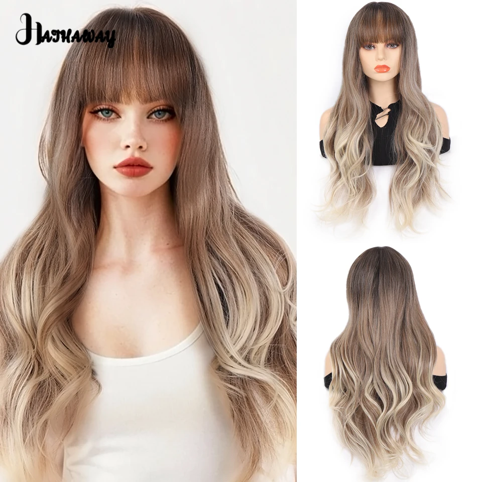 28 Inch Long Wavy Wig Female Synthetic Fluffy Natural Long Wavy Wig Brown Gradient Party Holiday Activities Commuting Daily Wig