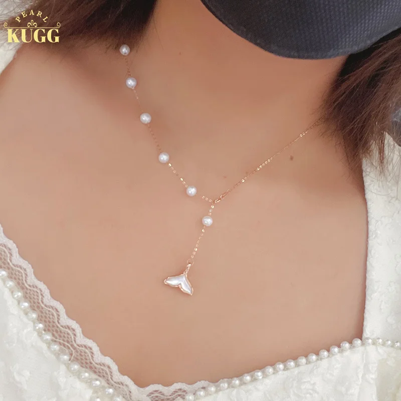 

KUGG 18K Yellow Gold Necklace 5-6mm Natural Freshwater Pearl Romantic Tassels Mermaid Design Jewelry Gift for Women Birthday