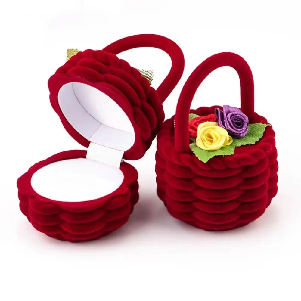 Velvet Material Flower Basket Ring Box Cute Design Romantic Style Jewelry Ring Box Display Function Rose Flower Gift Box Holder