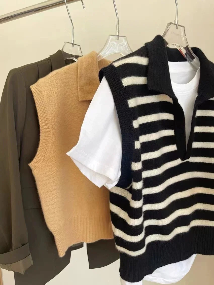 Striped V-Neck Knitted Tank Top Women's Short  Neck Sweater Vest Sleeveless Shoulder Padded Layering Top for Autumn