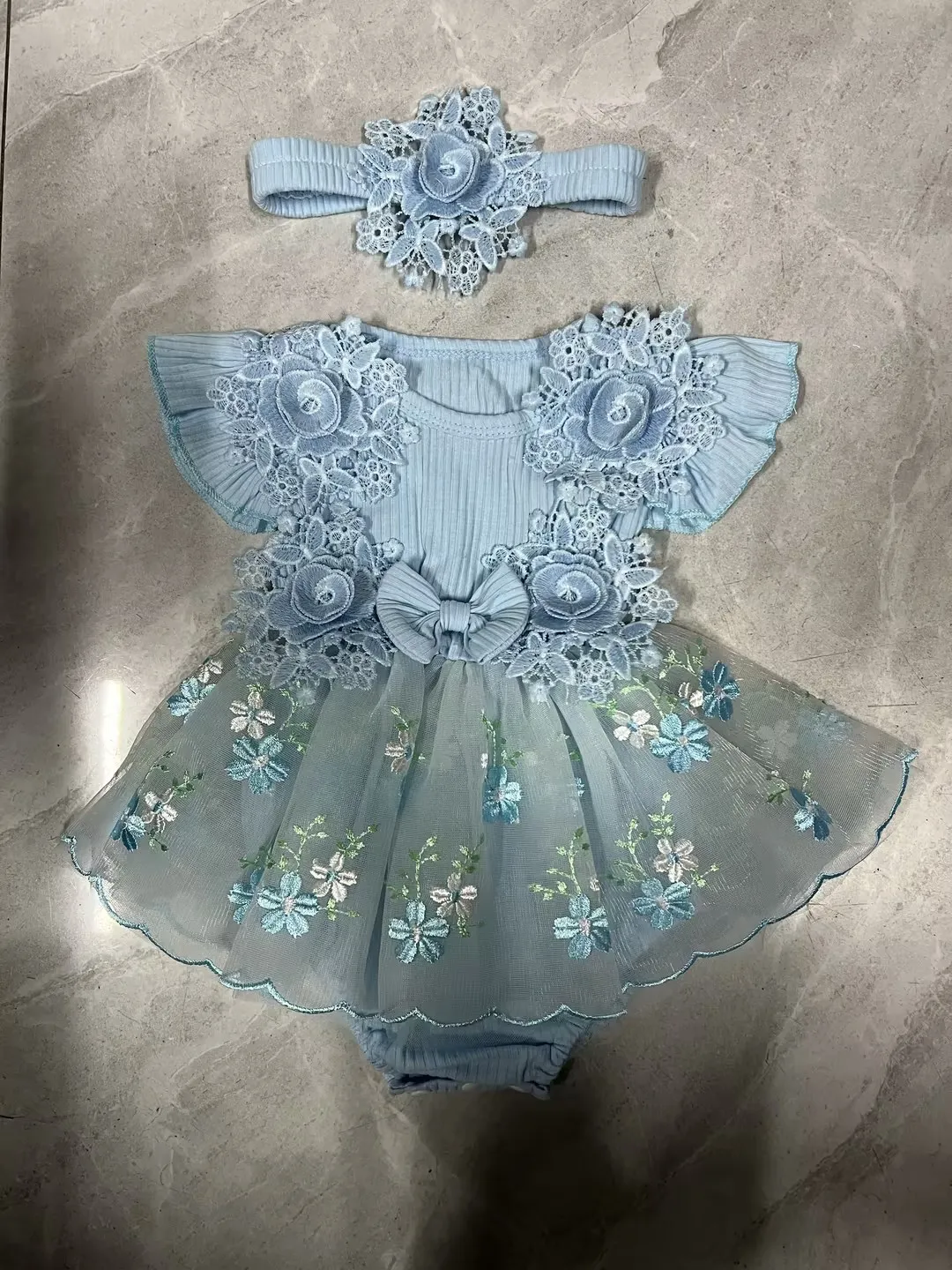 Romper bordado floral bebê menina, manga voadora, vestido de tule com bandana, roupas de verão, 2 peças