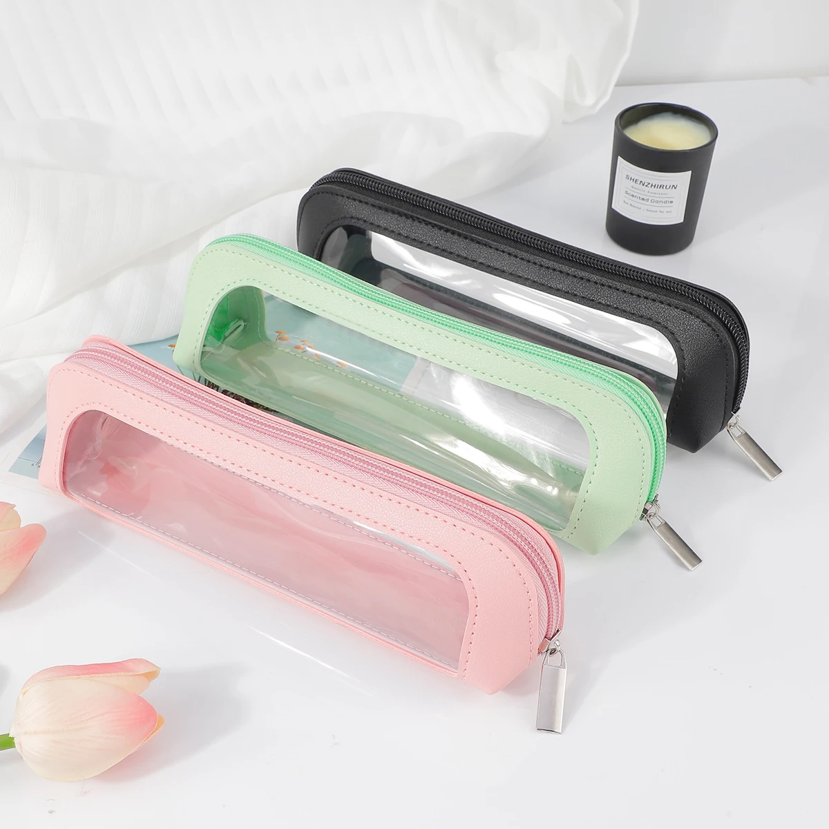 1PC Mini Clear PU Leather Makeup Bag Portable Zipper Waterproof Travel Makeup Brush Storage Pouch