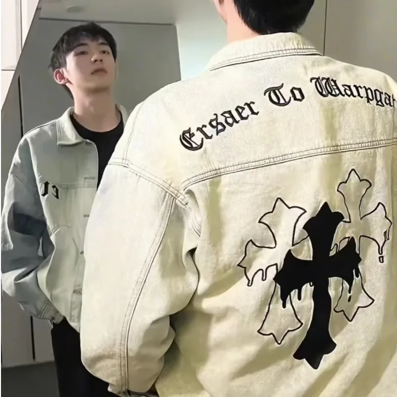 

Осенняя джинсовая одежда большого размера 250, американская джинсовая куртка High Street Vibe Cross, повседневная рабочая одежда для пар, молодежная модная верхняя одежда