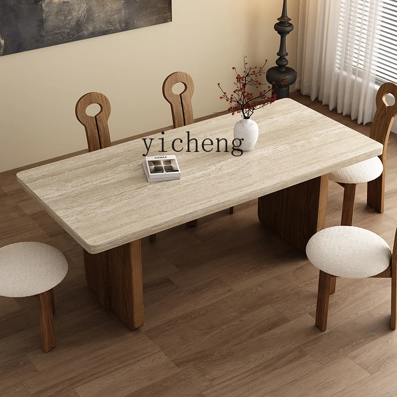 ZC Retro Style Cave Stone Stone Plate Solid Wood Dining Table Small Apartment Living Room Rectangular Dining Table