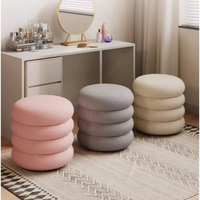 Creamy Household Stool Girls' Makeup Seat Bedroom Vanity Chair Soft Lamb Wool Pouf Minimalist Manicure Round Ottoman Stool