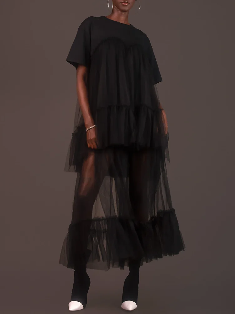 VGH Minimalist Patchwork Mesh Dresses For Women Rounf Neck Short Sleeve High Waist Pullover Soild Dress Female Fashion Clothing