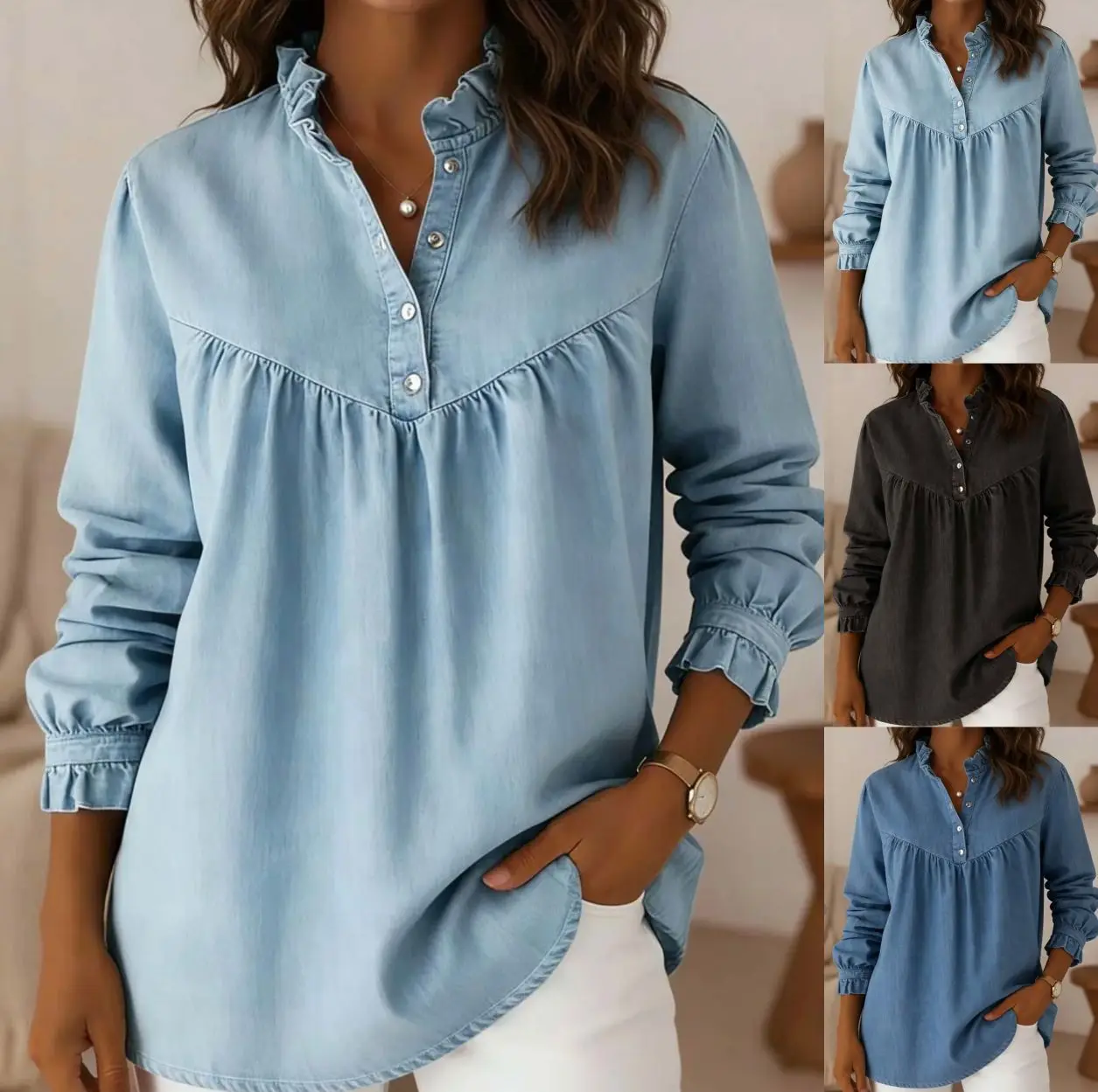Blusas de mujer, camisa vaquera, estilo vintage, con efecto desgastado, cuello con volantes, manga larga, blusas plisadas, estilo Y2K, ropa urbana, corte clásico y ajustado, con botones, para otoño.