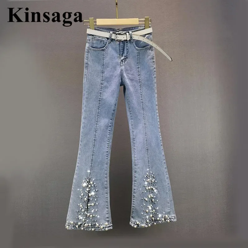 

Indie Aesthetic Fit Micro Flared Jeans Women Elegant Studded Rhinestone Silt Flare Demin Pants Chic Split Shaping Bell Bottoms