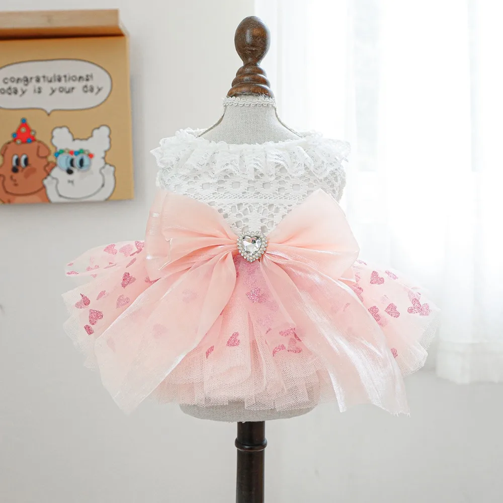 

Cute Fairy Dress Cat Dog Wedding Dress Organza Big Bow Puppy Skirt Lace Soft Pet Skirt For Cat Dog