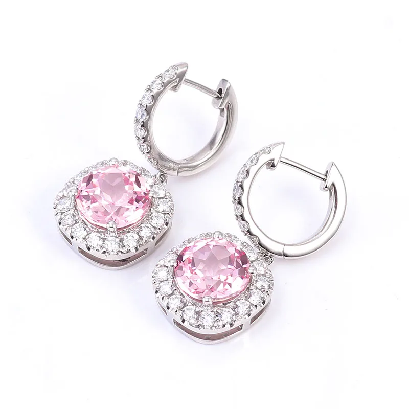 

Provence 18K White Gold Drop Earrings With 8mm Round Lab Pink Sapphire & Moissanites For Lady‘s Jewelry Shinning Hoop Earrings