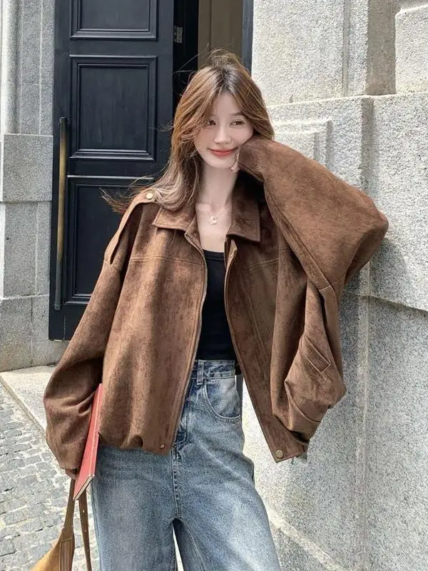

plus Size 300 Pou Brown Loose Long Sve Collared Women's Jaet Zipper Casual Spring Outerwear for plus Size Women