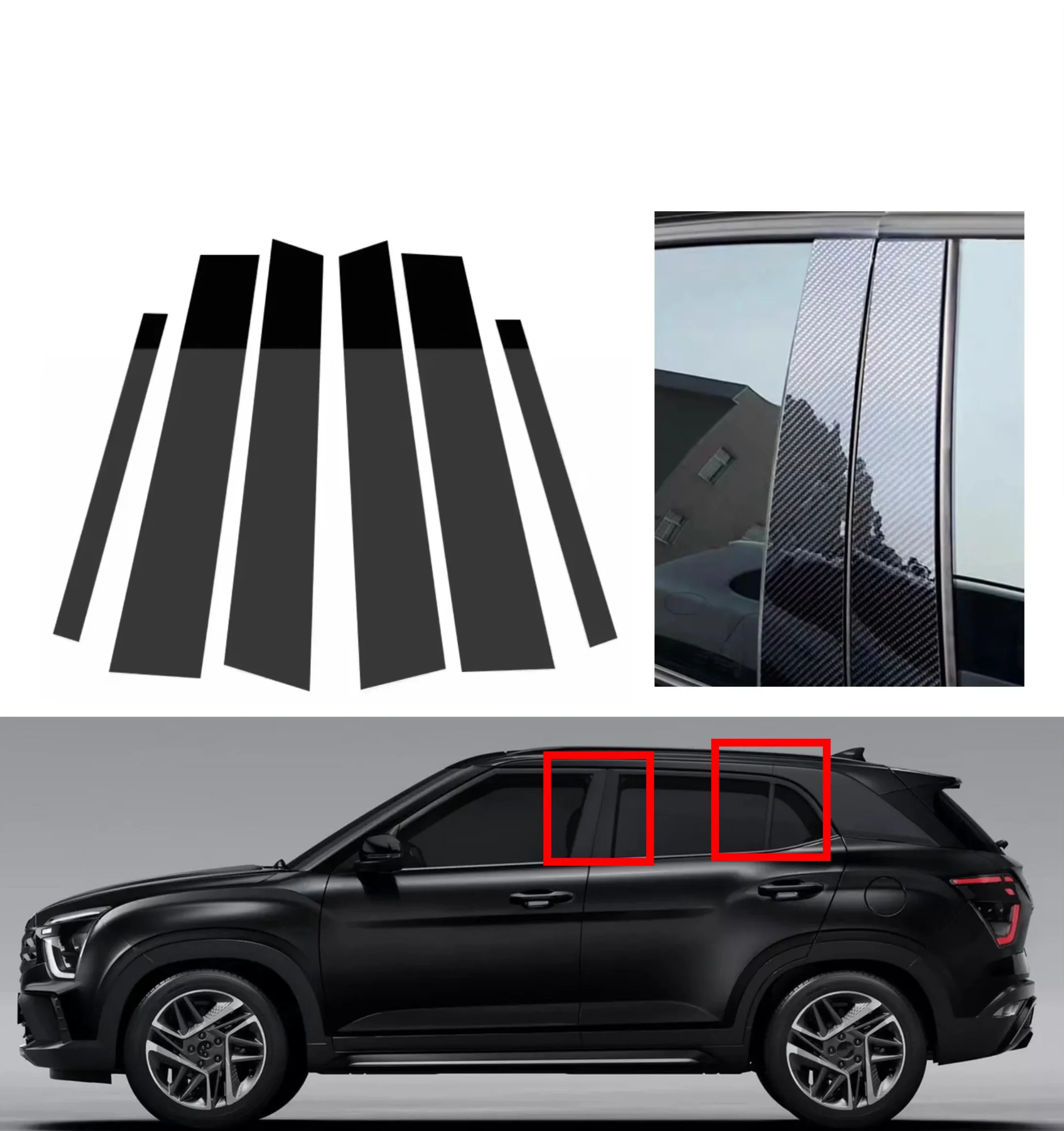 

6PCS Gloss Black Pillar Posts Silver Carbon Fit For Hyundai Creta Ix25 2020-2023 Window Decor Door Side Mouliding Trim Cover