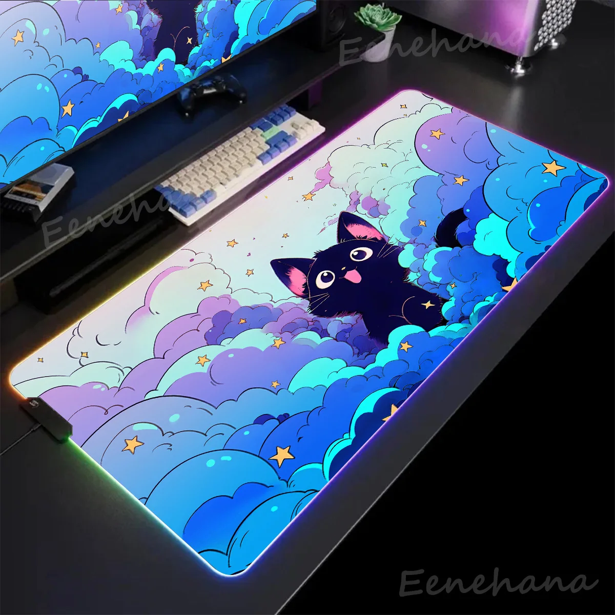 

Large RGB Mouse Pad Black Cat Clouds XXL Gaming Mousepad LED Mouse Mat Gamer Desk Mat Luminous Table Mats Desk Pads With Backlit