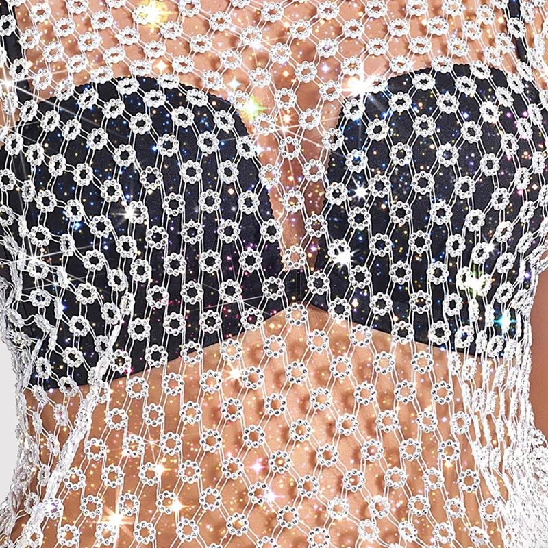 Damen-Top mit glitzerndem Strass-Mesh-Muster, durchsichtiges Pailletten-Oberteil, Nachtclub-Party-Festival-Outfits für heiße Mädchen, футболка женская Y2K – Detail 7