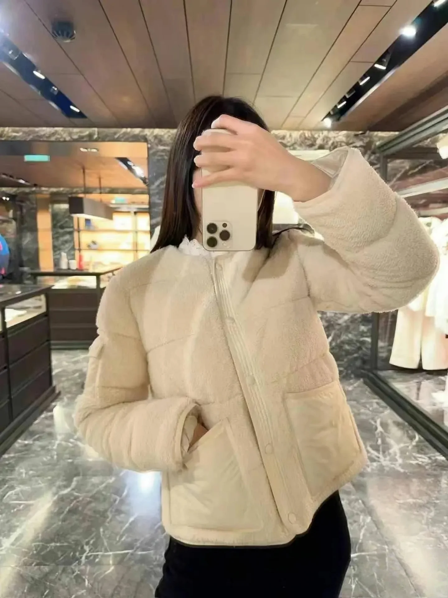 Teddy Bear Short Puffer Jacket round Neck Warm Thermal White Goose down Eco-friendly Fur Cardigan Style Women's Fashion Coat