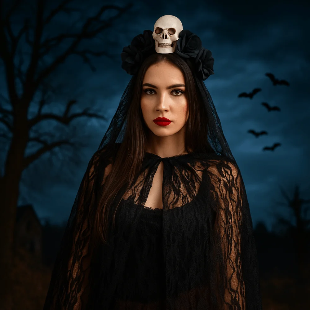 

Funny Black Rose Skull Hair Band Lace Artificial Rose Halloween Headband Garland Gothic Cosplay Headdress Masquerades Costume