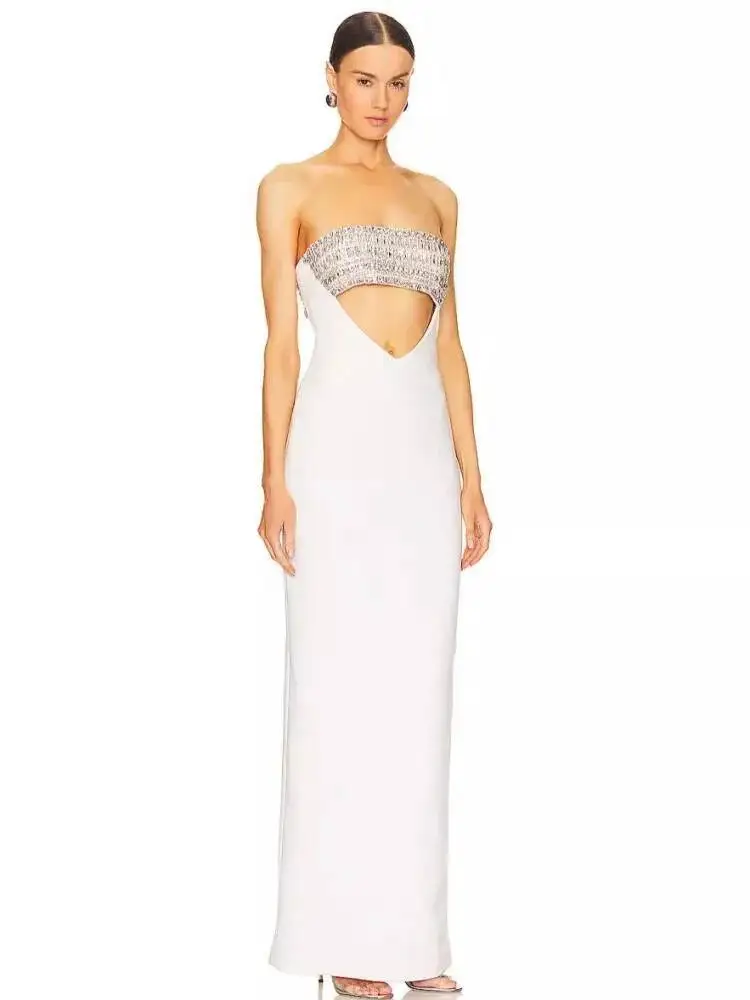LEOSOXS 2025 Vrouwen Zomer Celebrity Nieuwe Strapless Uitgesneden Diamanten Witte Jurk Elegante Avond Club Feestjurk