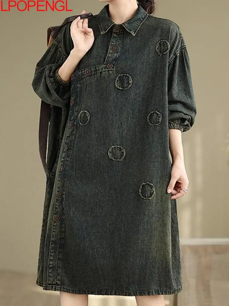 New Chinese Style Autumn Straight Denim Dress Women's Vintage Patch Embroidery Loose Distressed Turn-down Collar Mid-calf Dress