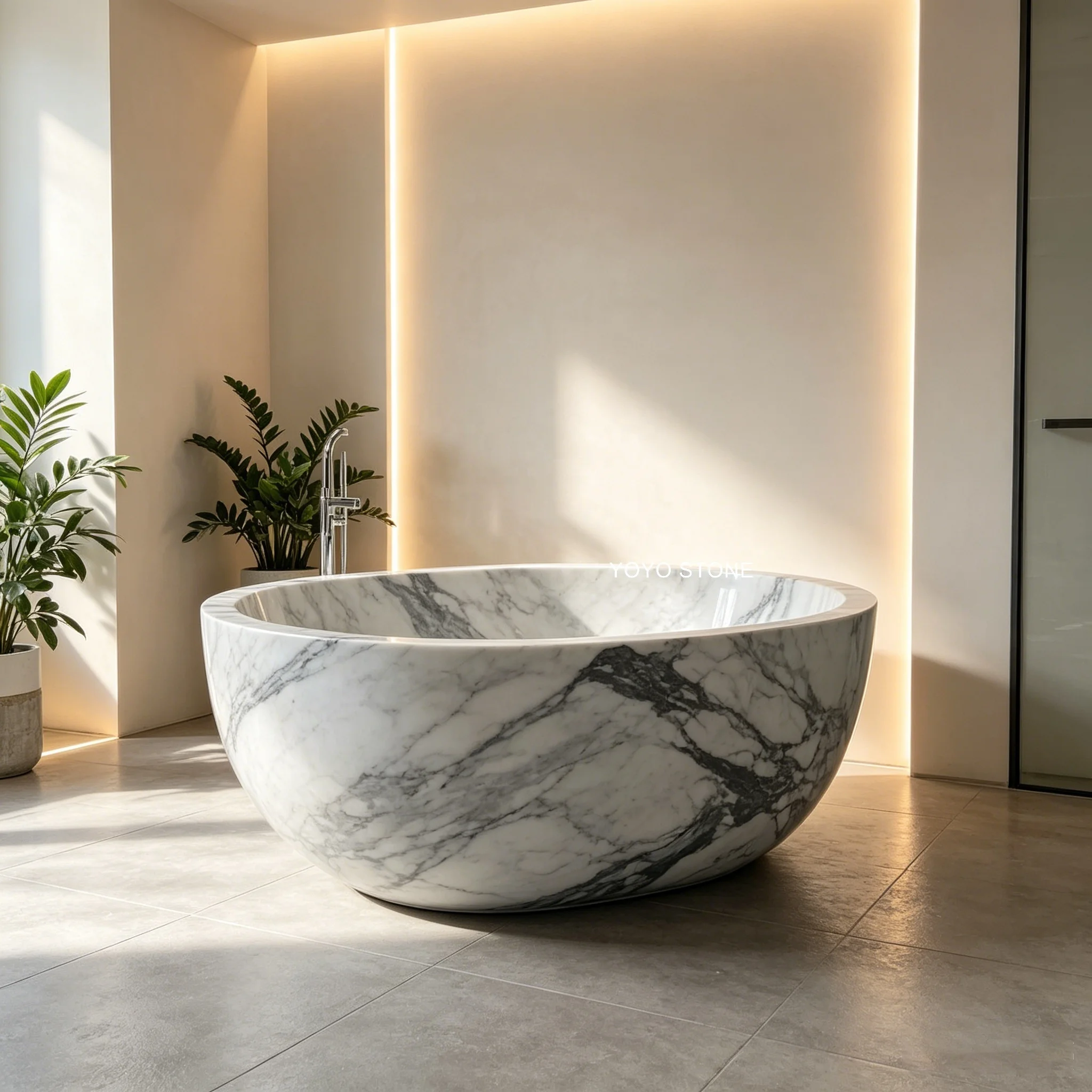 #￥Modern Custom Freestanding Eco-Friendly Marble Round Bathtub with Soaking Function for Home Hotel Apartment Bathrooms