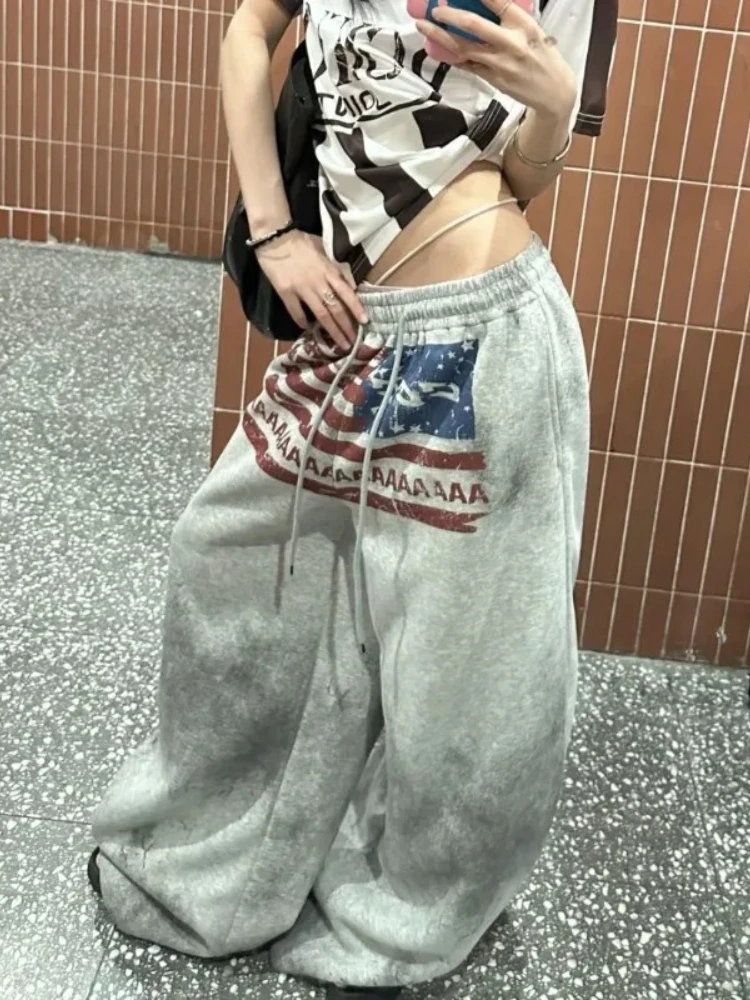 

HOUZHOU Gray Graphic Print Women Sweatpants Drawstring Wide Leg Jogging American Retro Pants Baggy Harajuku Hip Hop Streetwear