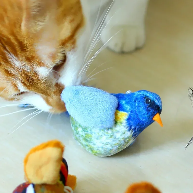 Lifelike Chirping Bird Interactive Cat Toy Pet Plush Toy Cat Teaser with Feather Tail Touch Activated Simulation Molding