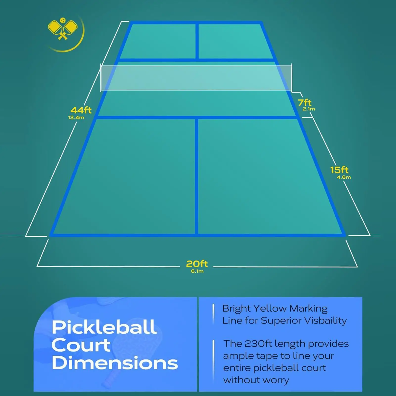 Bande de Pickleball pour terrain extérieur, 0.16x164 pieds, marquage d'entraînement Flexible, marqueurs de terrain de Pickleball pour Tennis en plein air