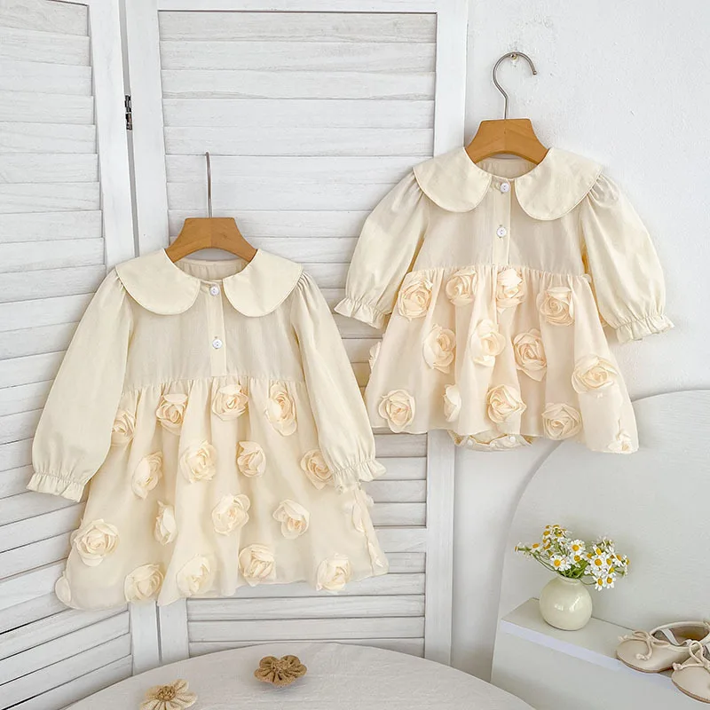 

2026 Fall Girls' Dress Set with 3D Floral Print Long Sleeve Princess Outfit Matching Sister Clothes Baby Bodysuit Infant Romper