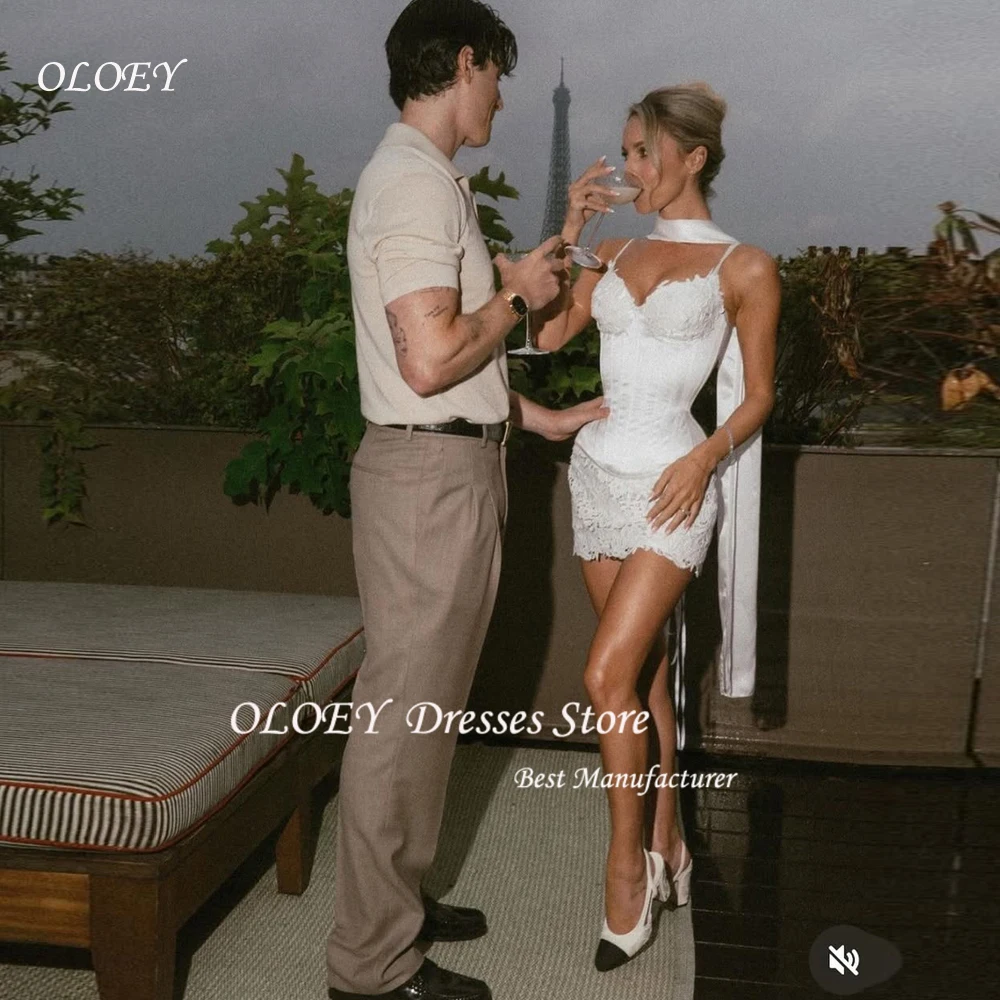 OLOEY koronkowa Mini krótka suknia wieczorowa sukienka bez rękawów Spaghetti pasek suknia dla panny młodej dostosowane suknie ślubne na przyjęcie Robe De Mariée
