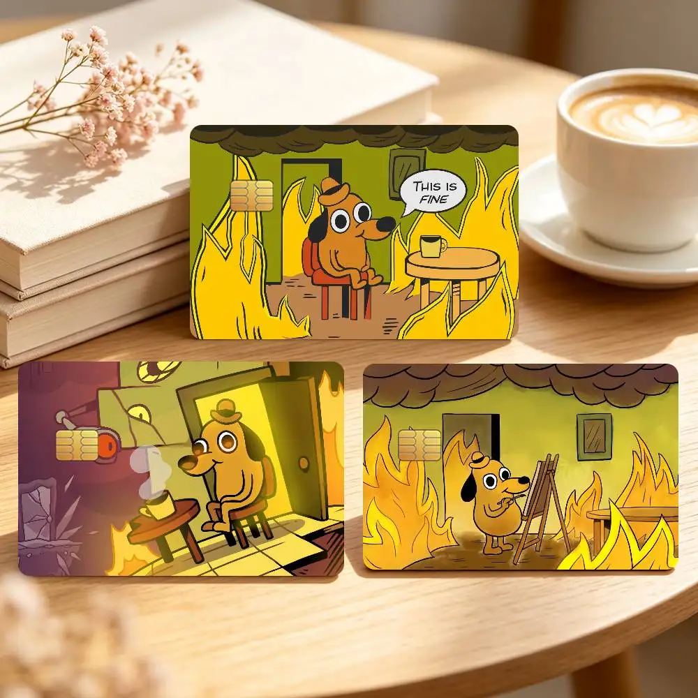 Cartoon This is Fine Dog Credit Card Sticker Waterproof Anti-Scratch 4PCS Bank Debit Traffic Cover Decoration