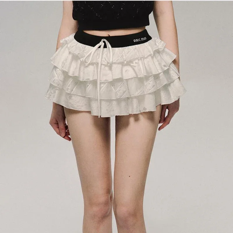 Deeptown Kawaii Sexy Ruffle White Mini Skirt Fairycore Cake Pleated Lace Up Short Skirts Coquette Casual Layered Patchwork Skirt