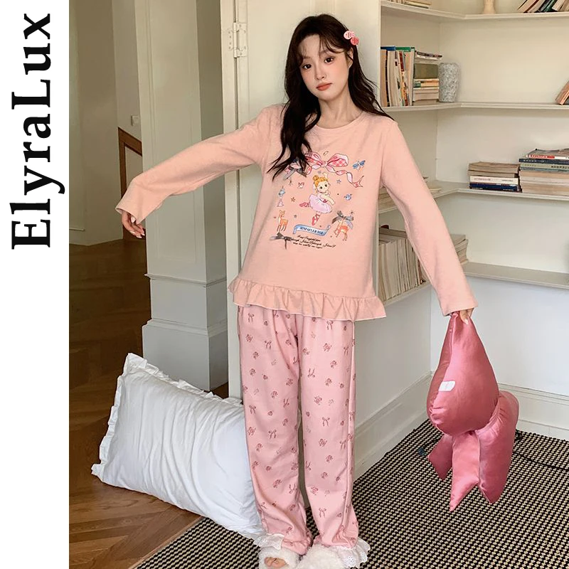 

ElyraLux Cartoon Print Women's Pajama Long Sleeve Sleepwear Cute Home Cloths Y2K Style for Girl Sweet Loungewear