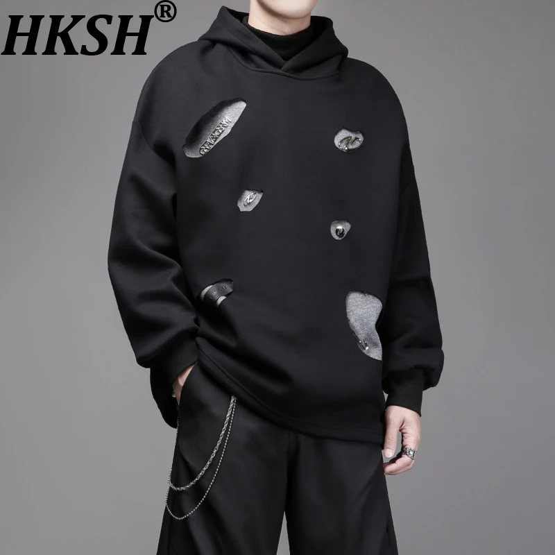 HKSH Spring Autumn New Man Space Cotton Hollow Out Patchwork Irregular Design Hooded Oversized Sweatshirt Chic Pullovers HK13985
