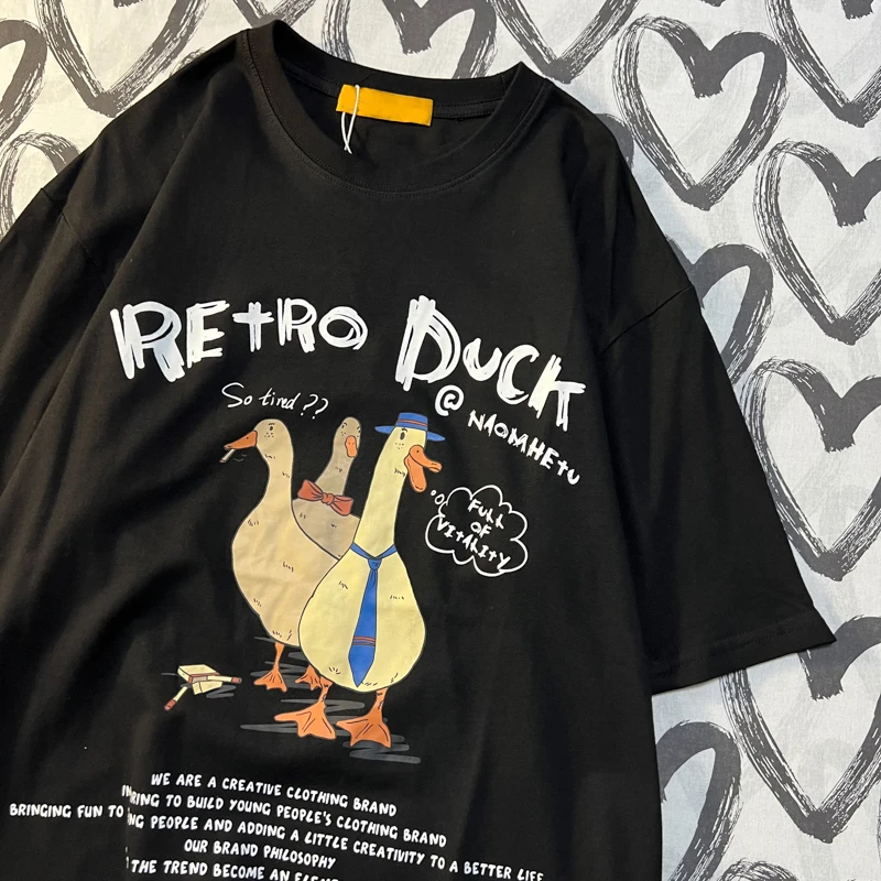 Three Ducks Ah American Retro Cartoon Printed Short Sleeved T-shirt For Men Women Couple Loose And Versatile Student Top Tee