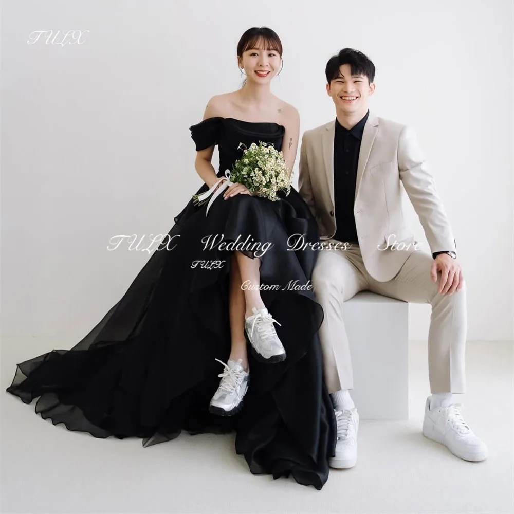 

TULX Black One Shoulder Evening Dress Korea Wedding Photo Dress A line Organza Bridal Party Dress Long Tiered Corset Customized