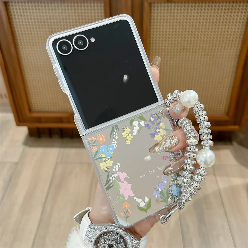 Cute Mirror Floral Phone Case For Samsung Galaxy Z Flip8 7 6 5 Z Flip8 Chain Makeup Mirror Shockproof Hard Flip Phone Cover
