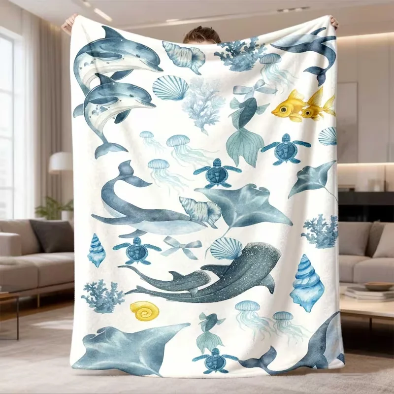 Watercolor Ocean Animal Blanket Dolphin Turtle Jellyfish Seashell Print Soft Warm Throw Couch Bed Blanket Nautical Style Blanket