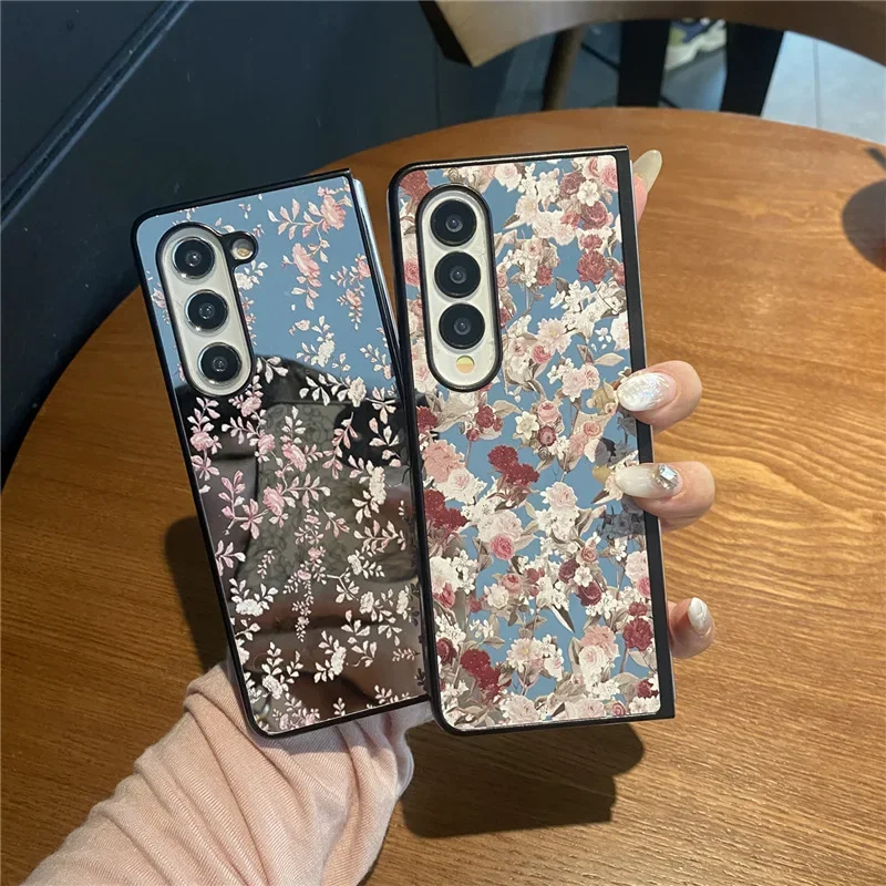 Flower Mirror Surface Phone Case for Samsung Galaxy Z Fold 6 5 4 3 2 Protective Back Cover for ZFold4 ZFold5 ZFold6 Case