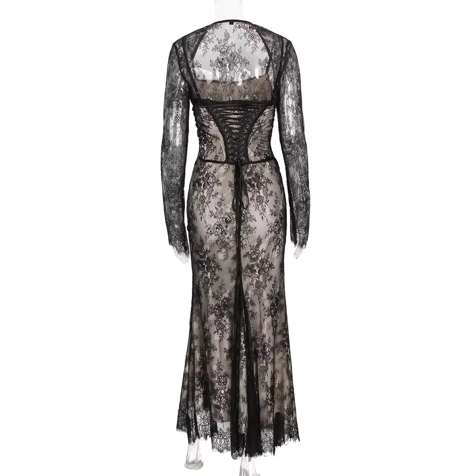 

Women's Long Sleeve Lace Shawl Slip Dress Elegant Vintage Cut-out Long Dress Wrap Skirt Casual Party Dress