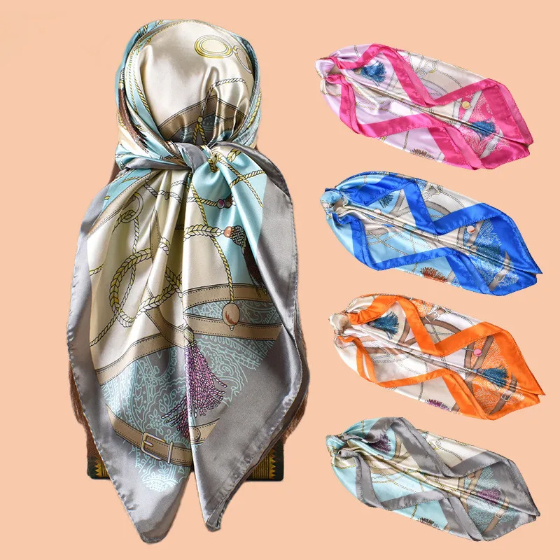 Neuer Seidenschal, quadratischer Schal für Damen, Kopftuch mit Kettenmuster, Foulard, Satin-Hijab, Haarbänder, Halstuch, Kopftücher für Frauen, Bandana