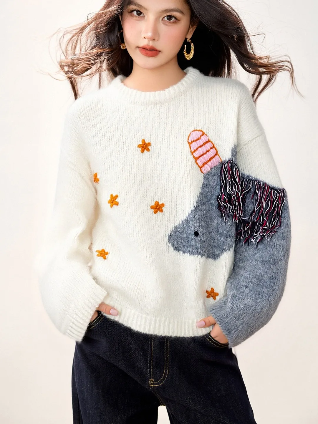 

Elegant Embroidered Flower Knit Sweater Women's Fashion Design Tassel Trim Tail Sweater Beautiful Winter Inner Wear Top