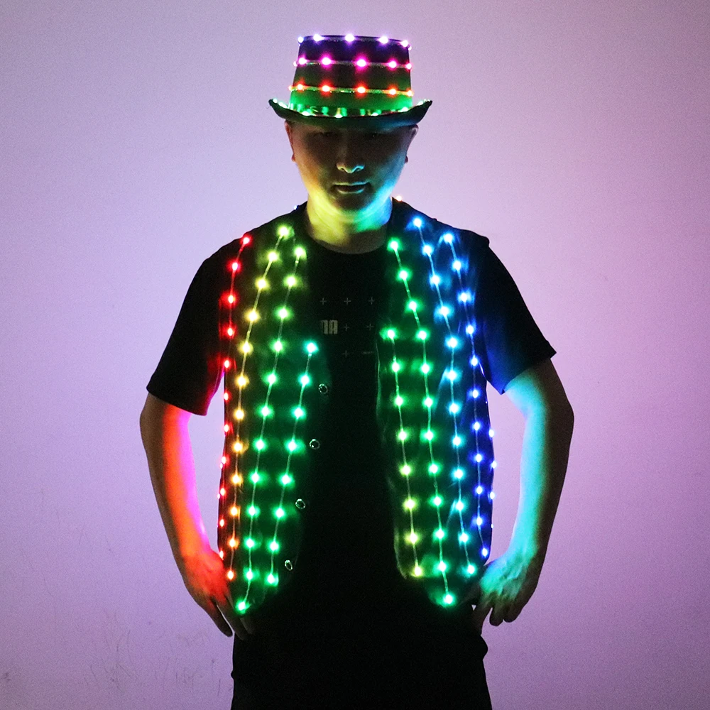 

Full Color LED Vest And Hat Fashion Senior Host Glowing Costume Suit DJ Singer Dancer Performer Stage Luminous Jacket