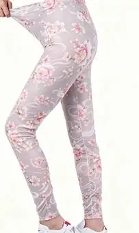 Women Mid‑Rise Fleece Lined Leggings Chinese Lotus Flower Print Warm Elastic Casual Pants