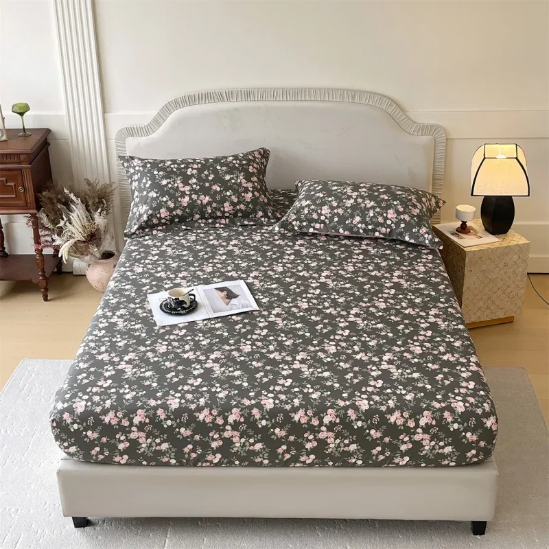 Bonenjoy 1 Pc 100%Cotton Fitted Sheet Floral Flower Printed Bed Cover with Elastaic Queen/King Size Bed Fitted Sheet 180x200cm