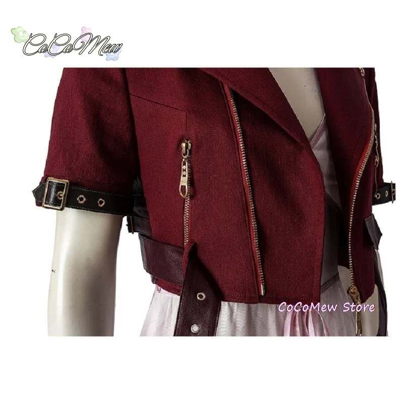 Game FF7 Adult Aerith Gainsborough Costume Cosplay Final Fantasy Remake Halloween Outfit Fancy Women Red Jacket Pink Dress