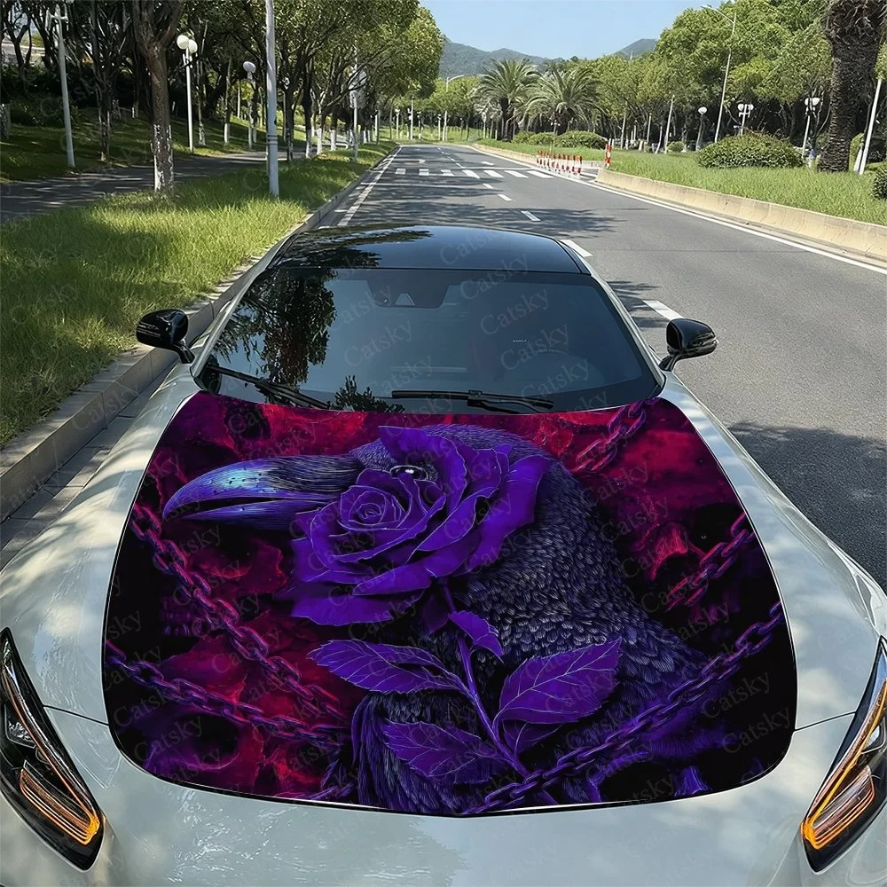 Purple Raven Rose Car Hood Sticker PVC Self Waterproof Stick,Striking Auto Exterior Accessories Decor Protect Gift for Car Lover