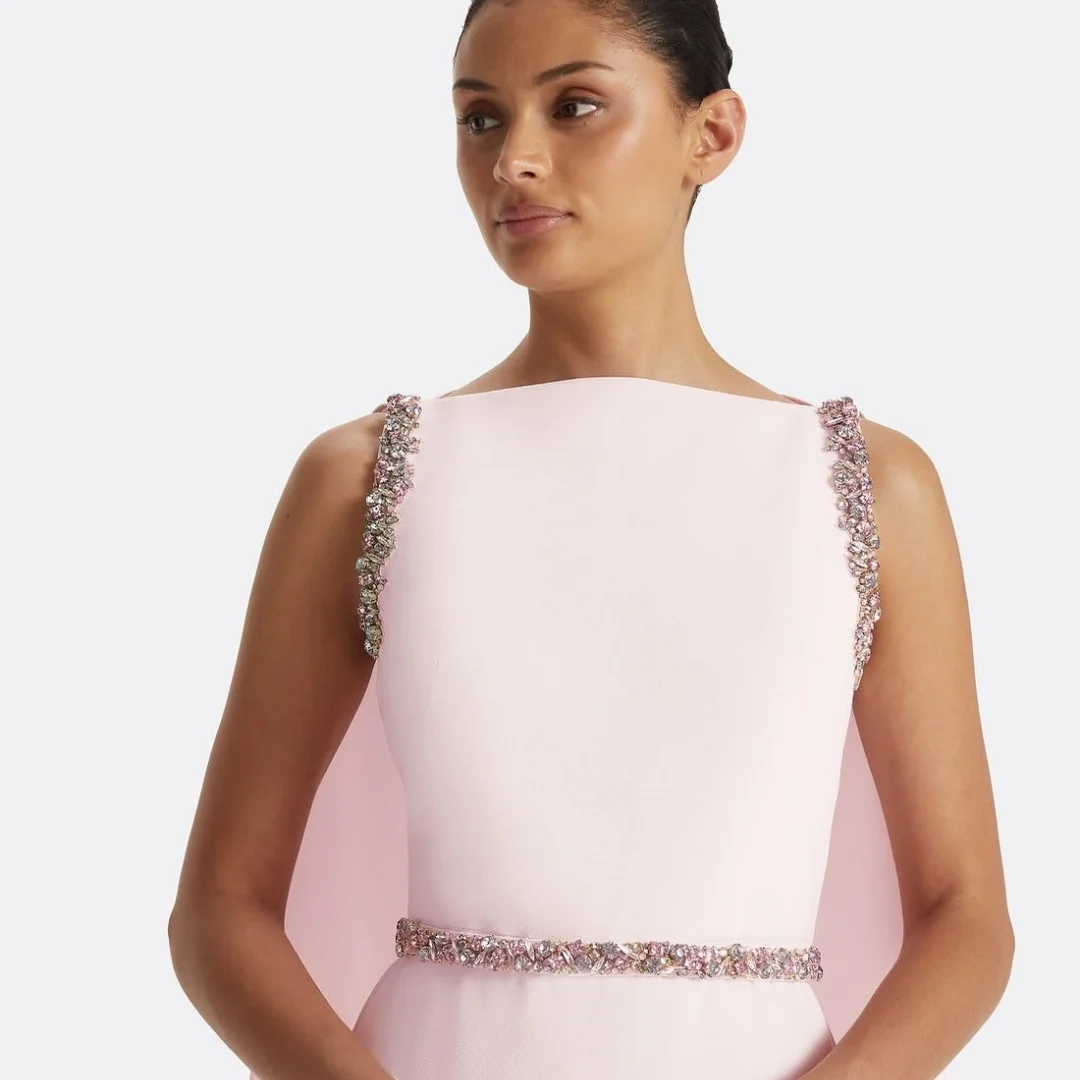 Mila Light Pink Crew Neck Sleeveless Beaded Shoulder Cape Crystal Waist Customized Prom Dresses Fitted Maxi Skirt Formal Evening