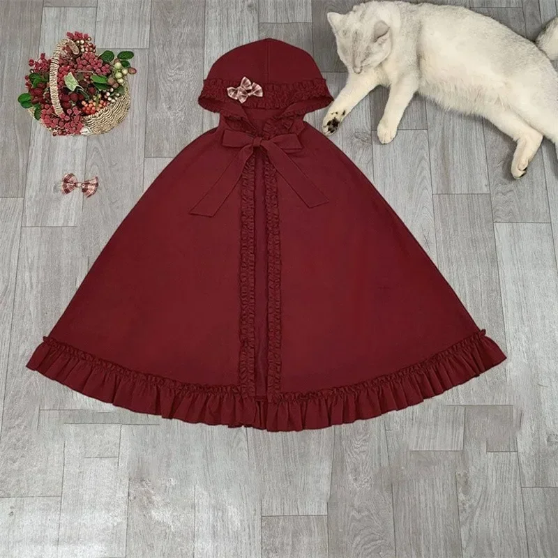 M-4XL Autumn Winter Berry Girl Lolita OP Dress Red Hooded Cloak Long Sleeve Dress Ruffle Edge Splice Dress