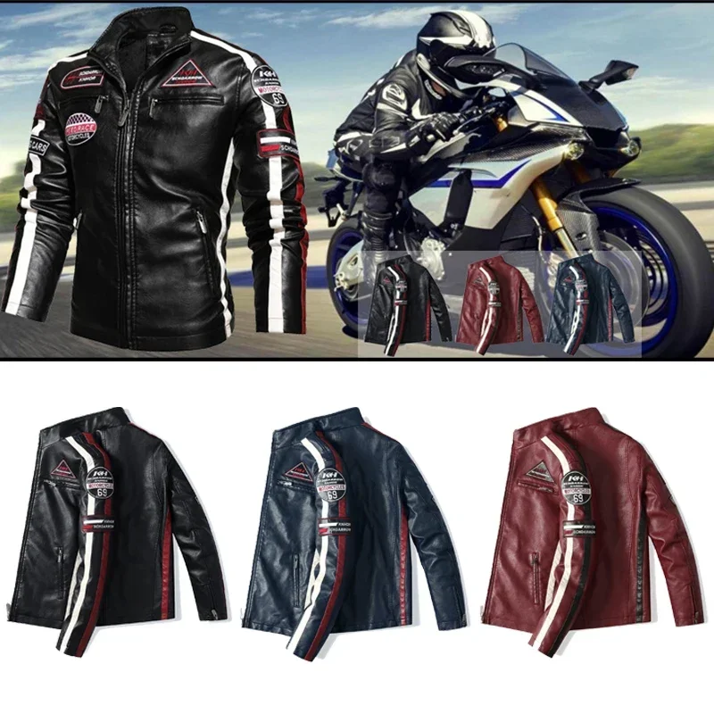 Mens Vintage Motorcycle Jacket Biker Embroidery Bomber Coat PU Overcoat Riding Jackets Men Chaqueta De Motocicleta Para Hombre