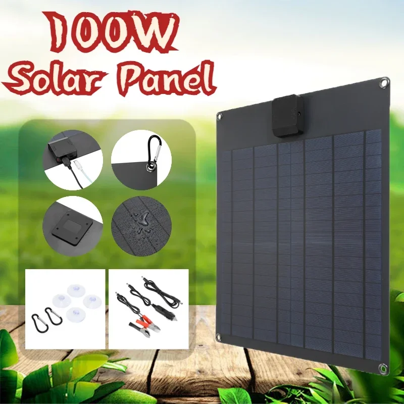 100W 12V/18V Solar Panel Portable USB 5V 2A Battery Charger DC+Type C Solar Cell Board Car Charger for Phone RV Car Camping